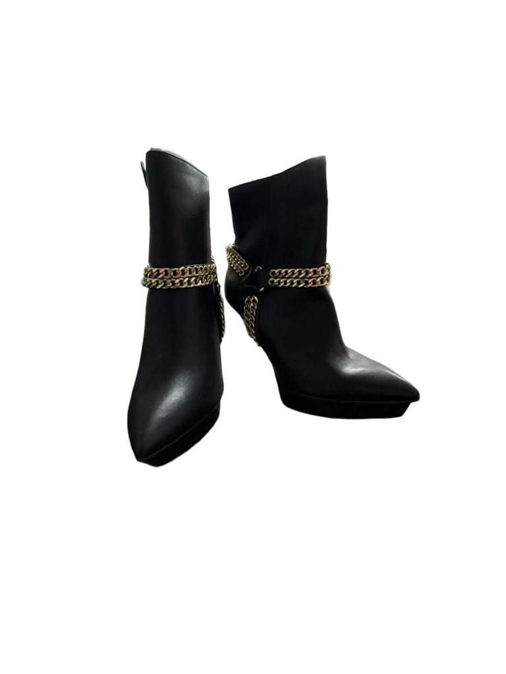 JLo Jennifer Lopez Black and Gold Chain High Heel Stiletto Ankle Boots Booties
